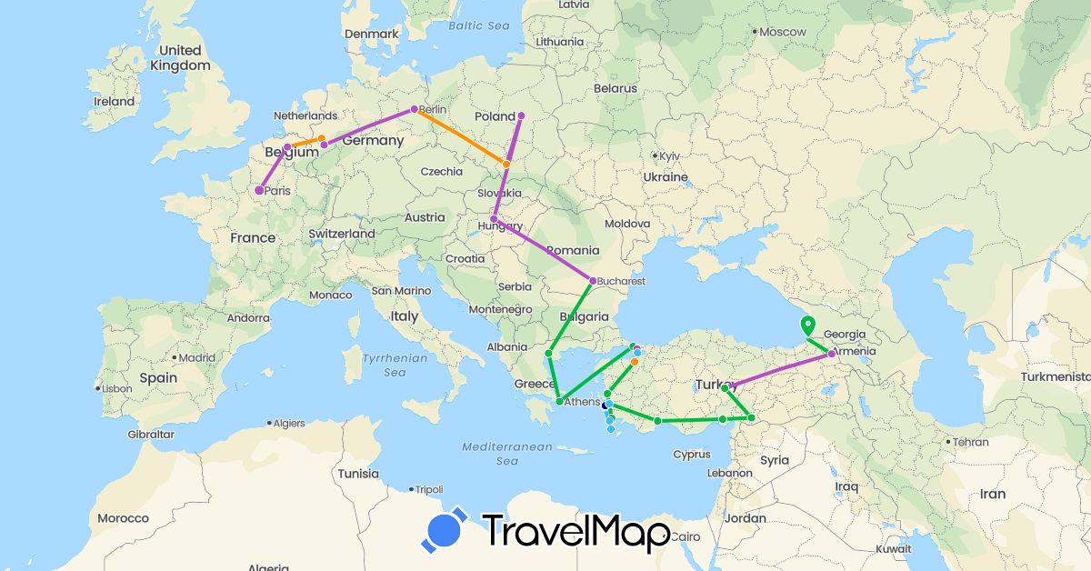 TravelMap itinerary: driving, bus, train, boat, hitchhiking in Belgium, Germany, France, Greece, Hungary, Poland, Romania, Turkey (Asia, Europe)